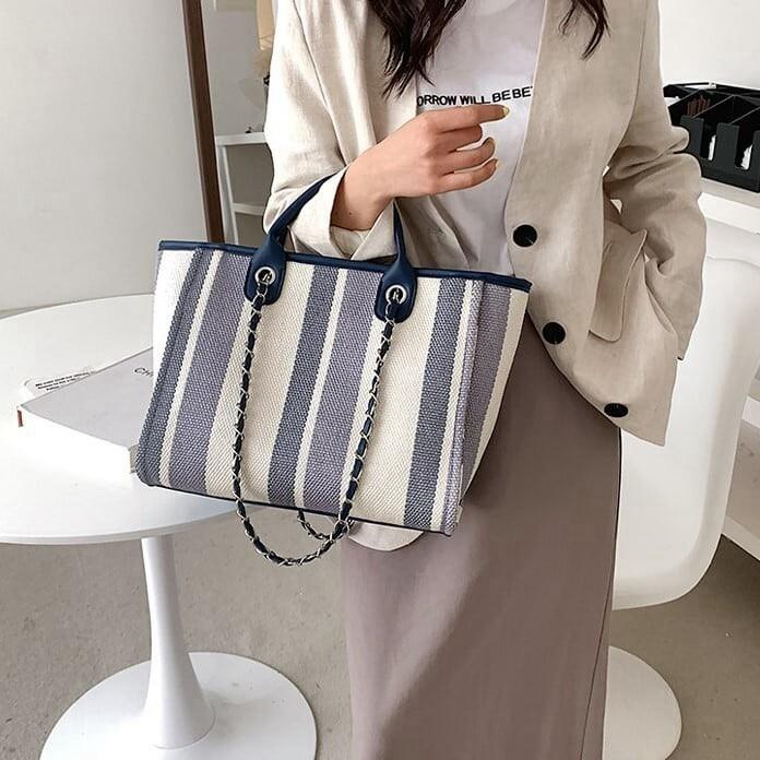 (新品)2Way ストライプトートバック!!大容量 A-4も入る ハンドショルダーバッグ 通勤、通学、出張、旅行、デート