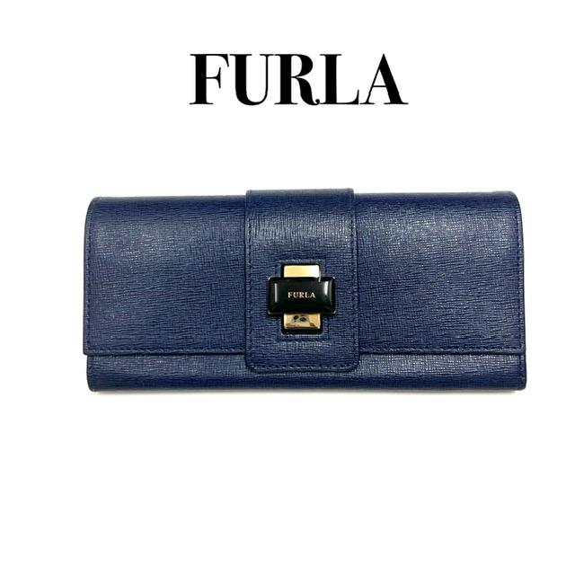 FURLA】レザー 長財布 レディース 新品同様 ネイビー（中古ー非常に